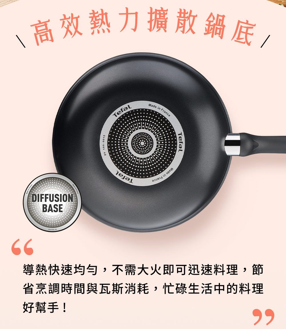 高效熱力擴散鍋底/DIFFUSIONBASE05 100.0015TefalMade in FranceTefal66導熱快速均勻,不需大火即可迅速料理,節省烹調時間與瓦斯消耗,忙碌生活中的料理好幫手!