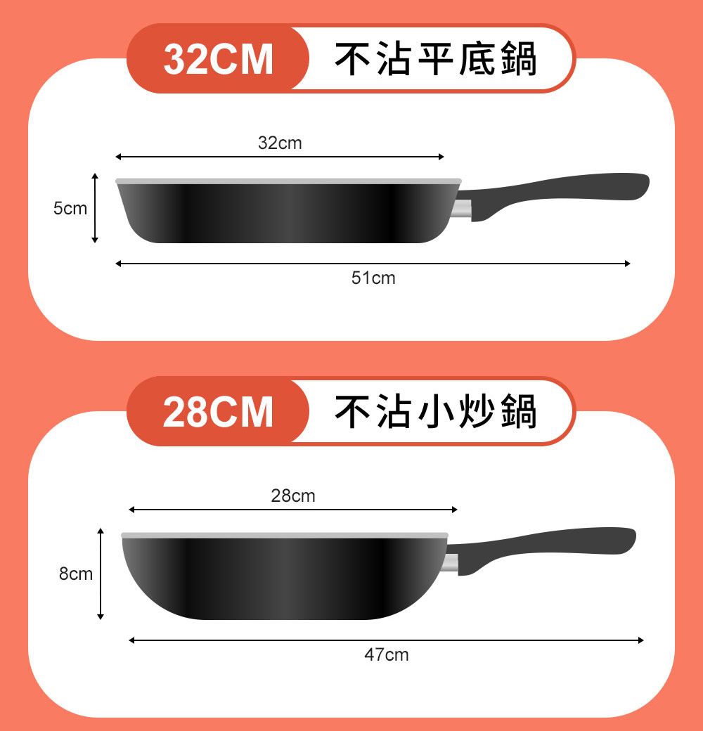 5cm8cm32CM不沾平底鍋32cm51cm28CM 不沾小炒鍋28cm47cm