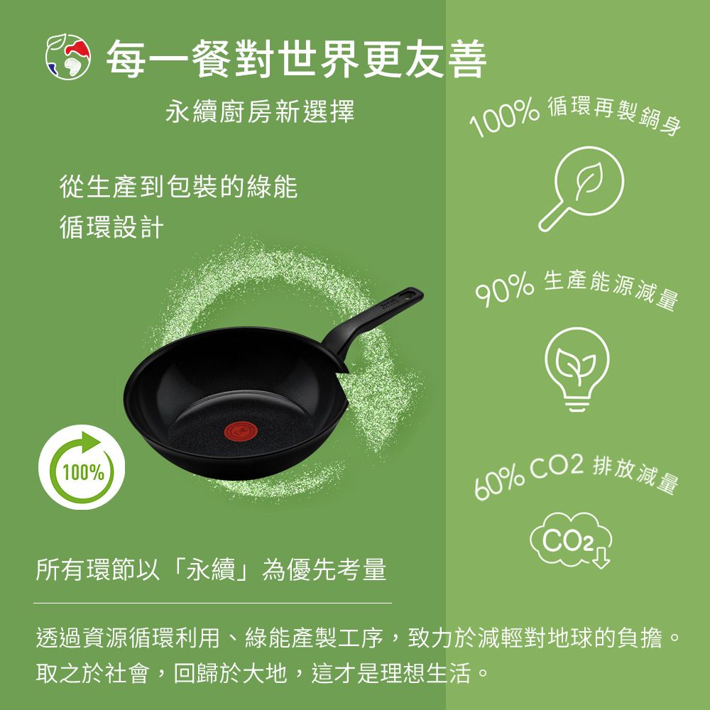 Tefal 特福 法國 綠生活陶瓷不沾系列28CM小炒鍋-曜石黑法國製IH適用