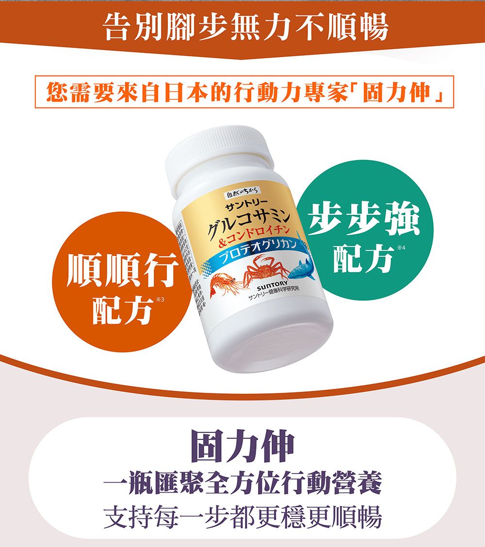 告別腳步無力不順暢您需要來自日本的行動力專家｢力」自然のちから 步步強順順行プロテオグリカン 4配方3サントリー健康科学研究所固力伸瓶匯聚全方位行動營養支持每一步都更穩更順暢