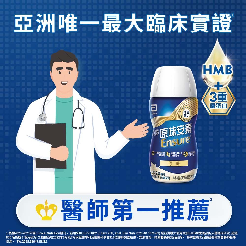 亞洲唯一最大臨床實證Abbott培增強體力原味安Ensure種維生素  添加CaHMB礦物質e220 毫升均衡配方原味進口 奶素可用 特定疾病配方HMB 醫師第一推薦23重優蛋白1.根據2020-2021年Clinical Nutrition期刊亞培SHIELD STUDY (Chew STH, et al. Clin Nutr 2021;40:1879-92)是亞洲最大使用添加CaHMB營養品的人體臨床研究 (超過800名期6個月研究)2.根據亞培2022年3月及7月家庭醫學科及復健科學會316位醫師調查結果,安素為第一推薦營養補充品品牌。 特殊營養食品須經醫師或營養師指導使用。 TW.2025.58647.ENS.1