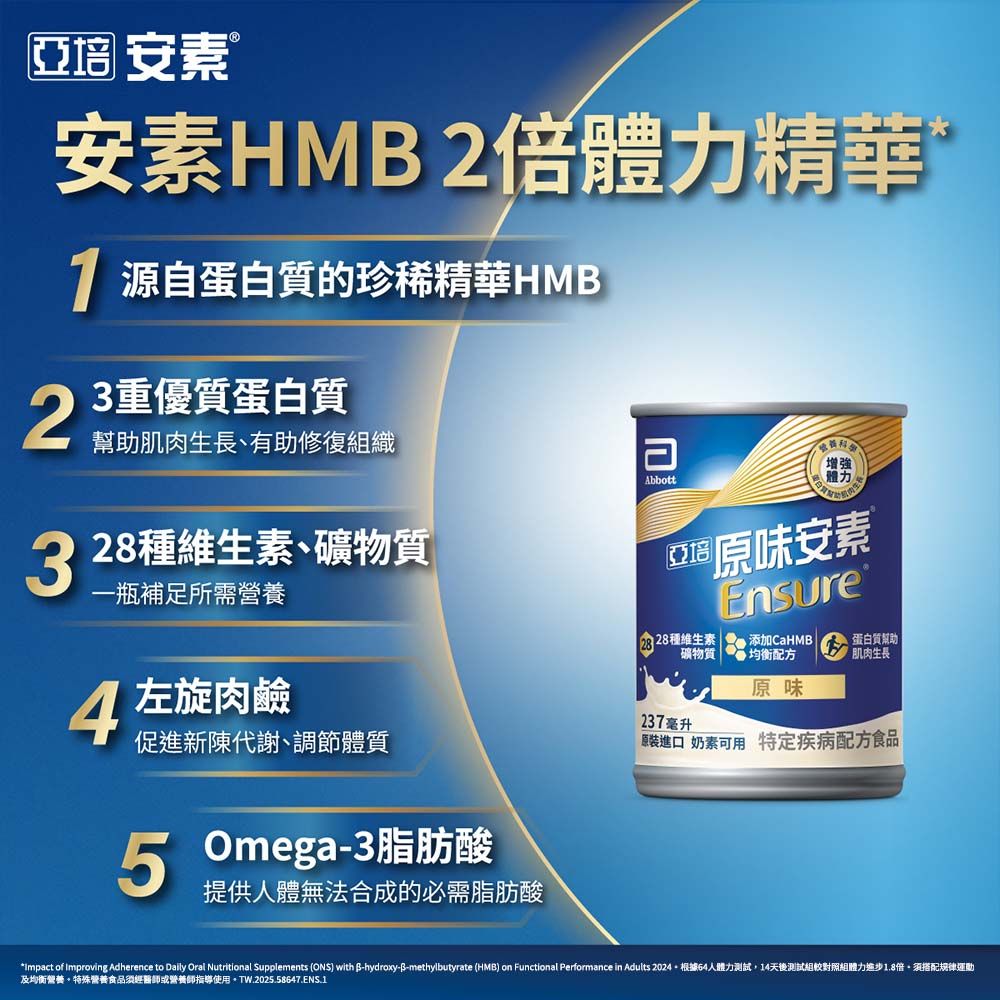 亞培安素 ®2安素HM2倍體力精華 源自蛋白質的珍稀精華HM3重優質蛋白質幫助肌肉生長、有助修復組織Abbott增強體力328種維生素、礦物質一瓶補足所需營養 左旋肉鹼促進新陳代謝、調節體質 原味安素亞培Ensure 28種維生素礦物質添加CaHMB 均衡配方蛋白質幫助肌肉生長原味237毫升原裝進口 奶素可用 特定疾病配方食品 Omega-3脂肪酸提供體無法合成的必需脂肪酸Impact of improving Adherence to Daily Oral Nutritional Supplements ( with B-hydroxy-B-methylbutyrate (HMB) on Functional Performance in Adults 根據64人體力測試,14天後測試組較對照組體力進步1.8倍須搭配規律運動及均衡營養。特殊營養食品醫師或營養師指導使用。TW.2025.58647.ENS.1