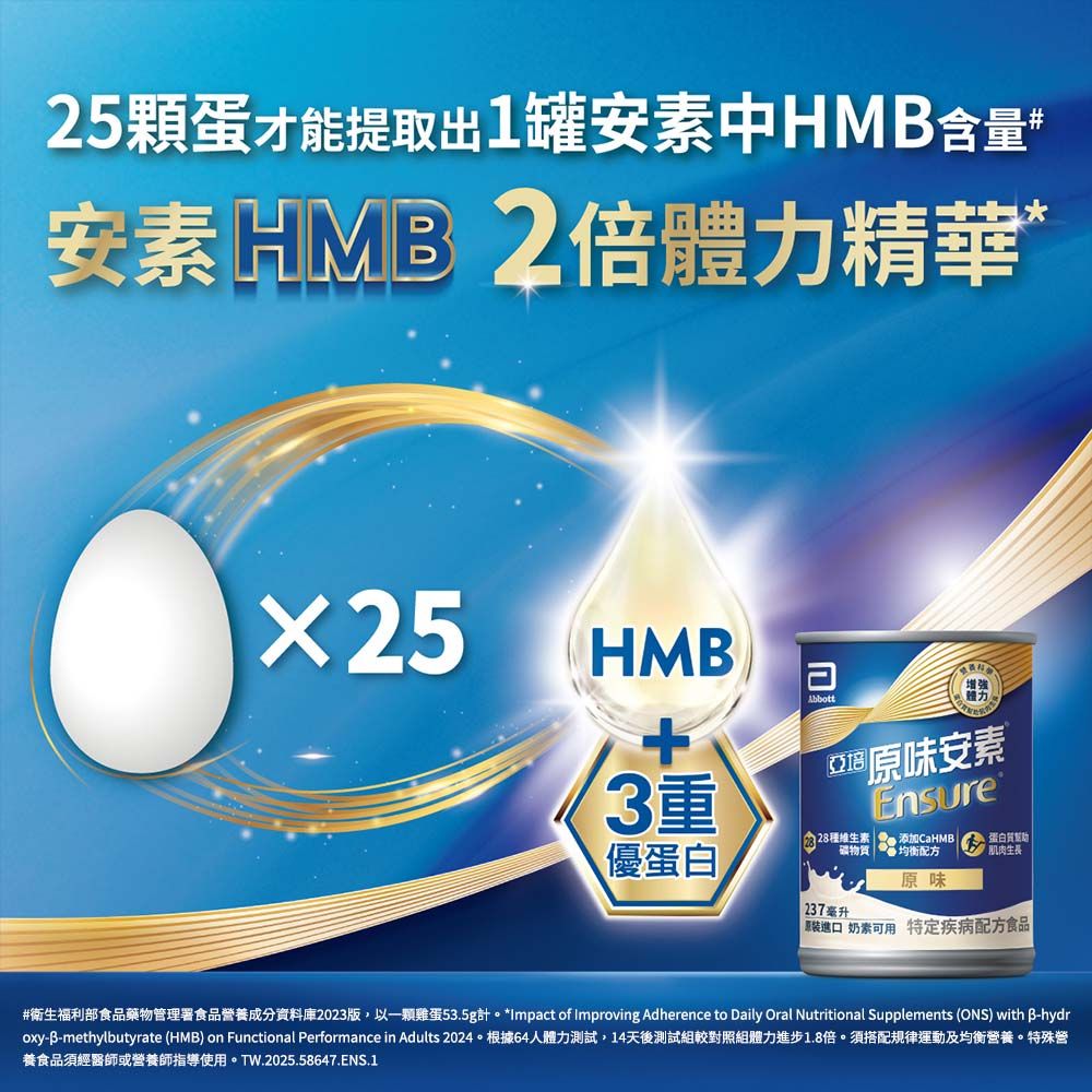 25顆蛋才能提取出1罐安素中HM含量安素 HM2倍體力精華25HMB®Abbott3重亞®原味安素Ensure維生素  添加CaHMB 礦物質 均衡配方蛋白質幫助肌肉生長原味優蛋白 237毫升原裝進口 奶素可用 特定疾病配方食品#衛生福利部食品藥物管理署食品營養成分資料庫2023版以一顆雞蛋53.5g計。*Impact of Improving Adherence to Daily Oral Nutritional Supplements (ONS) with B-hydroxy-B-methylbutyrate (HMB) on Functional Performance in Adults 2024。根據64人體力測試,14天後測試組較對照組體力進步1.8倍。須搭配規律運動及均衡營養。特殊營養食品須經醫師或營養師指導使用。TW.2025.58647.ENS.1