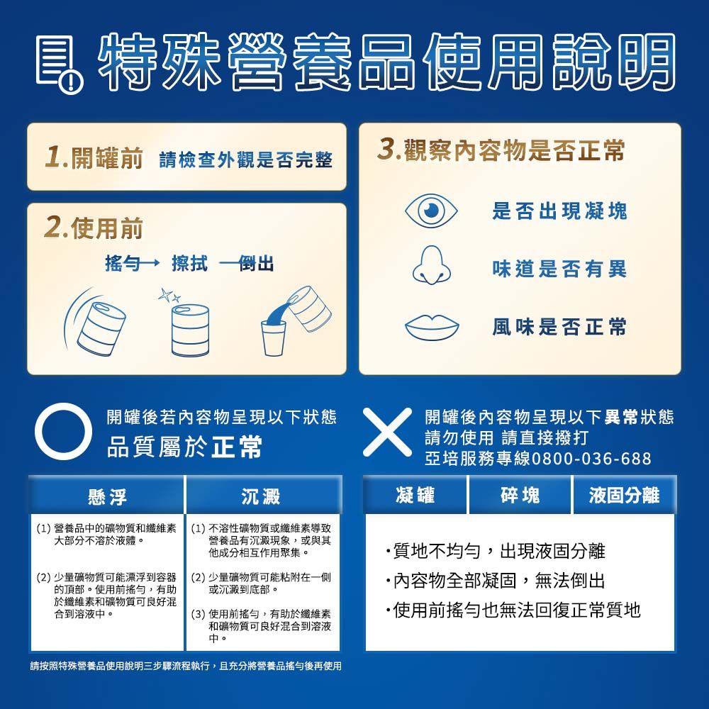 特殊營養品使用說明1.開罐前 請檢查外觀是否完整3.觀察內容物是否正常是否出現凝塊2.使用前 擦拭倒出味道是否有異風味是否正常 品質屬於正常懸浮開罐後若內容物呈現以下狀態開罐後內容物呈現以下異常狀態請勿使用 請直接撥打亞培服務專線0800-036-688沉澱凝罐碎塊 液固分離(1)營養品的礦物質和纖維素大部分不溶於液體(2)少量礦物質可能漂浮到容器的頂部。使用前搖勻,有助於纖維素和礦物質可良好混合到溶液中。(1)不溶性礦物質或纖維素導致營養品有沉澱現象,或與其他成分相互作用聚集。(2)少量礦物質可能粘附在一側或沉澱到底部。(3)使用前搖勻,有助於纖維素和礦物質可良好混合到溶液中。請按照特殊營養品使用說明三步驟流程執行,且充分將營養品搖勻後再使用質地不均勻,出現液固分離內容物全部凝固,無法倒出使用前搖勻也無法回復正常質地