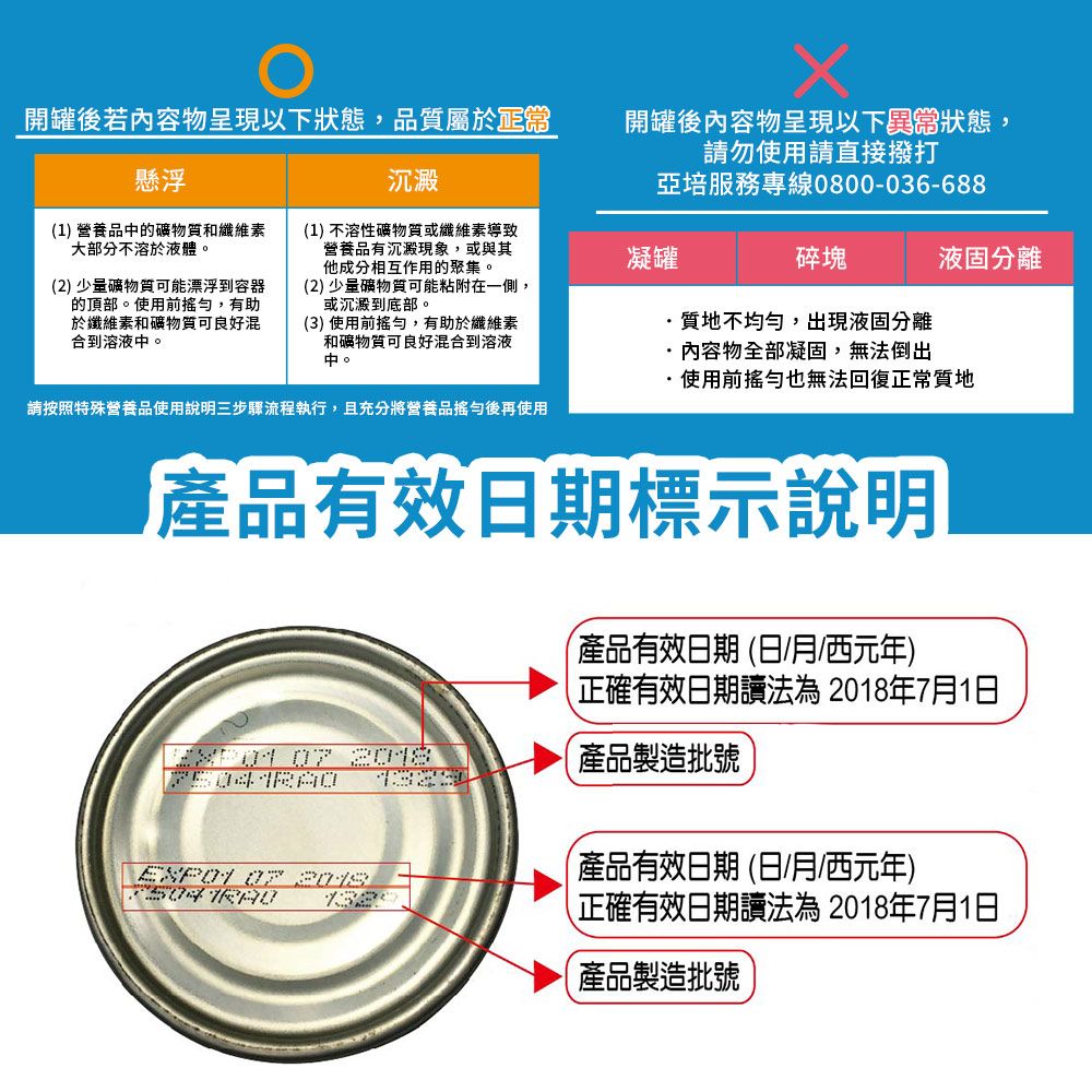 開罐後若內容物呈現以下狀態,品質屬於正常懸浮1) 營養品的礦物質和纖維素大部分不溶於液體沉澱(1) 不溶性礦物質或纖維素導致營養品有沉澱現象,或與其他成分相互作用的聚集。開罐後內容物呈現以下具狀態,請勿使用請直接撥打亞培服務專線0800-036-688凝罐碎塊液固分離(2) 少量礦物質可能漂浮到容器的頂部。使用前,有助於纖維素和礦物質可良好混合到溶液中。(2) 少量礦物質可能粘附在一側,或沉澱到底部。(3)使用前,有助於纖維素和礦物質可良好混合到溶液中。質地不均勻,出現液固分離內容物全部凝固,無法倒出使用前也無法回復正常質地請按照特殊營養品使用說明三步驟流程執行,且充分將營養品後再使用產品有效日期標示說明產品有效日期(日/月/西元年)正確有效日期讀法為2018年7月1日產品製造批號產品有效日期(日/月/西元年)(正確有效日期讀法為 2018年7月1日產品製造批號