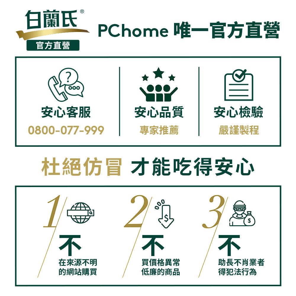 白蘭氏官方直營?PChome 唯一官方直營安心客服安心品質安心檢驗0800-077-999專家推薦嚴謹製程杜絕仿冒 才能吃得安心1 不不不在來源不明買價格異常助長不肖業者的網站購買低廉的商品得犯法行為