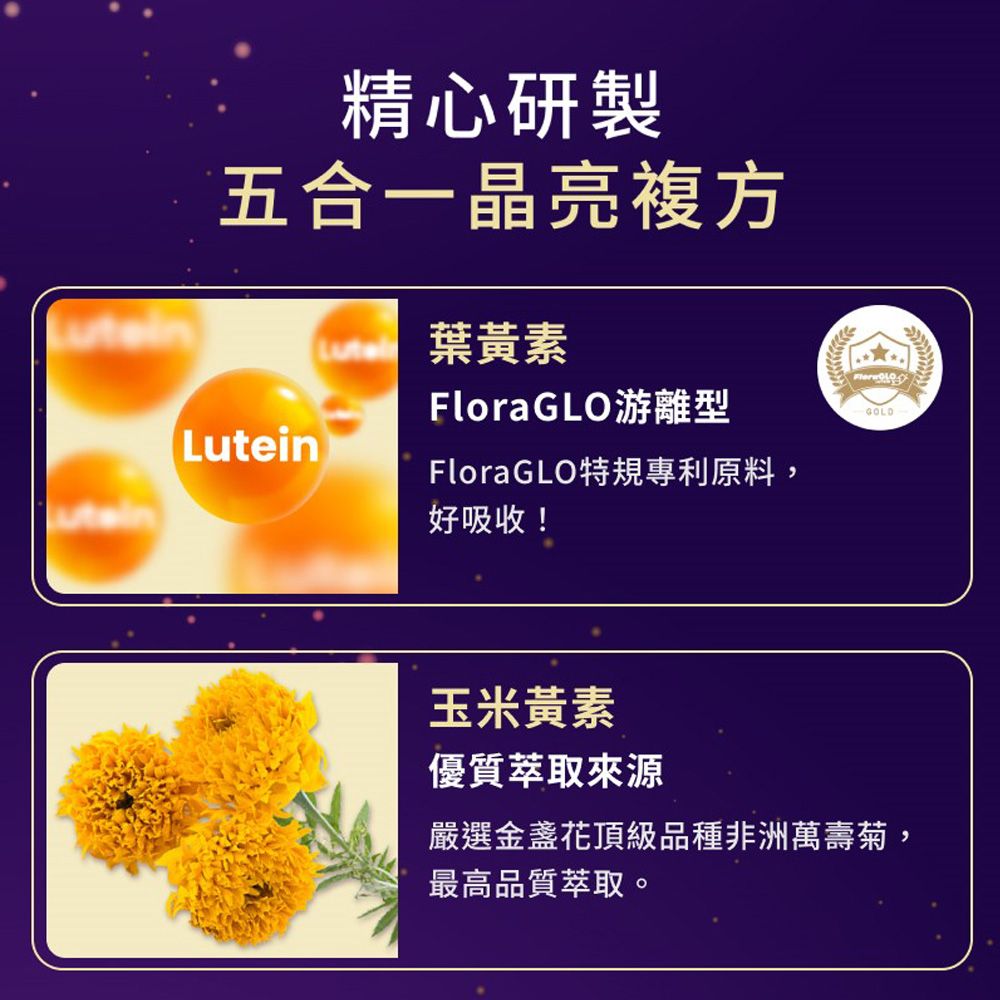 精心研製五合一晶亮複方inLute葉黃素FloraGLO游離型FloraGLO特規專利原料,好吸收!GOLD玉米黃素優質萃取來源嚴選金盞花頂級品種非洲萬壽菊,最高品質萃取。