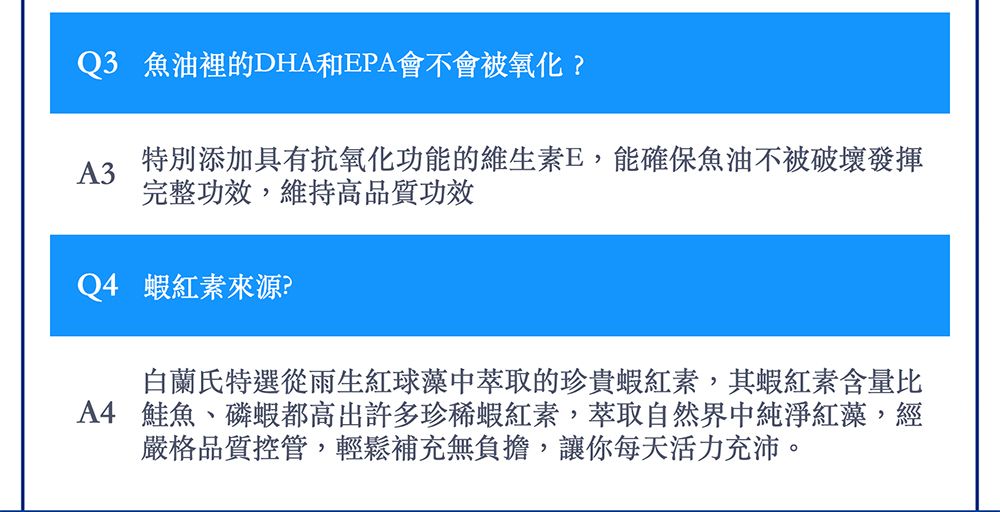 Q3 魚油裡的DHA和EPA會不會被氧化?A3特別添加具有抗氧化功能的維生素E,能確保魚油不被破壞發揮完整功效,維持高品質功效Q4 蝦紅素來源?白蘭氏特選從雨生球藻中萃取的珍貴蝦紅素,其蝦紅素含量比A4 鮭魚、磷蝦都高出許多珍稀蝦紅素,萃取自然界中純淨紅藻,經嚴格品質控管,輕鬆補充無負擔,讓你每天活力充沛。