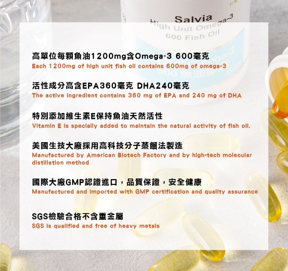 SalviaHigh Unit Omega-3600 Fish Oil高單位每顆魚油1200mg含Omega-3600毫克ach 1200mg of    oll contains 600mg of omega-3活性成分高含EPA360毫克 DHA240毫克魚油The active Ingredlent contains 360 mg of EPA and 240 mg of DHA特別添加維生素E保持魚油天然活性 E  specially added to  the natural activity of  oll.美國生技大廠採用高科技分子蒸餾法製造Manufactured by  Blotech Factory and by high-tech molecular method國際大廠GMP認證進口,品質保證,安全健康Manufactured and Imported with GMP certification and quality assuranceSGS檢驗合格不含重金屬SGS Is  and free of heavy metals