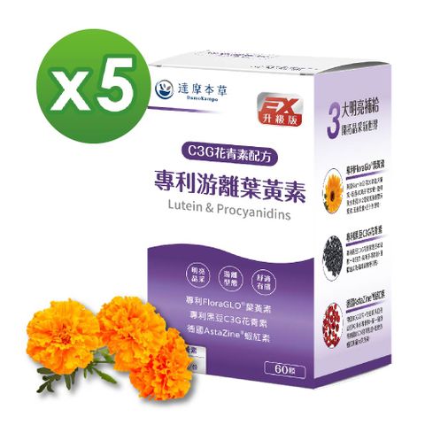 【達摩本草】專利游離葉黃素+C3G花青素x5盒(28天體內葉黃素有感提升520%)