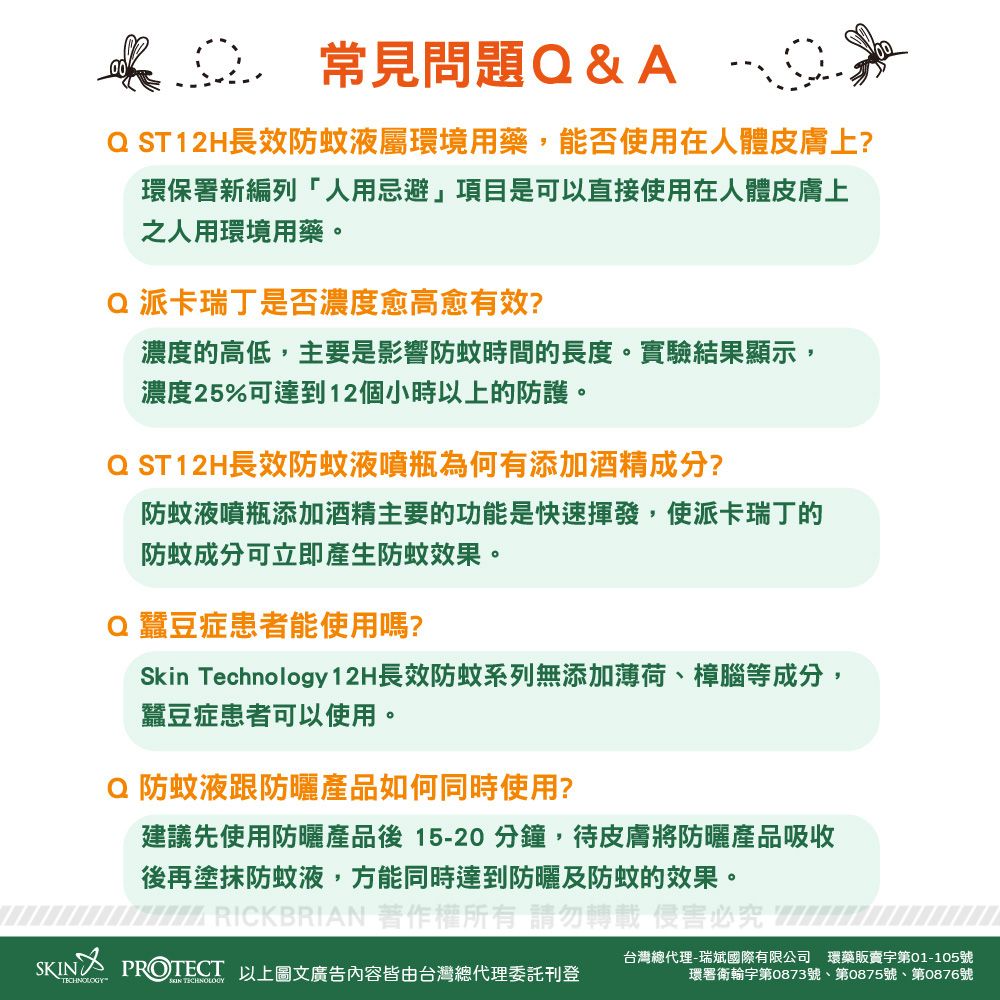 常見問題Q&AQ ST12H長效防蚊液屬環境用藥能否使用在人體皮膚上?環保署新編列「人用忌避項目是可以直接使用在人體皮膚上之人用環境用藥。Q 派卡瑞丁是否濃度愈高愈有效?濃度的高低,主要是影響防蚊時間的長度。實驗結果顯示,濃度25%可達到12個小時以上的防護。Q ST12H長效防蚊液噴瓶為何有添加酒精成分?防蚊液噴添加酒精主要的功能是快速揮發,使派卡瑞丁的防蚊成分可立即產生防蚊效果。Q蠶豆症患者能使用嗎?Skin Technology 12H長效防蚊系列無添加薄荷、樟腦等成分,蠶豆症患者可以使用。Q防蚊液跟防曬產品如何同時使用?建議先使用防曬產品後 15-20 分鐘,待皮膚將防曬產品吸收後再塗抹防蚊液,方能同時達到防曬及防蚊的效果。 RICKBRIAN 著作權所有 請勿轉載,侵害必究 X PROTECT 以上圖文廣告內容皆由台灣總代理委託刊登SKIN 台灣總代理-瑞斌國際有限公司 環藥販賣第01-105號環署衛字第0873號、第0875號、第0876號