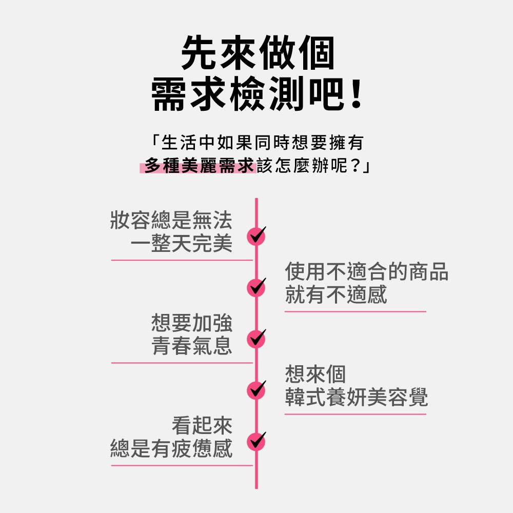 先來做個需求檢測吧!「生活中如果同時想要擁有多種美麗需求該怎麼辦呢?妝容總是無法一整天完美使用不適合的商品就有不適感想要加強青春氣息看起來總是有疲憊感想來個韓式養妍美容覺