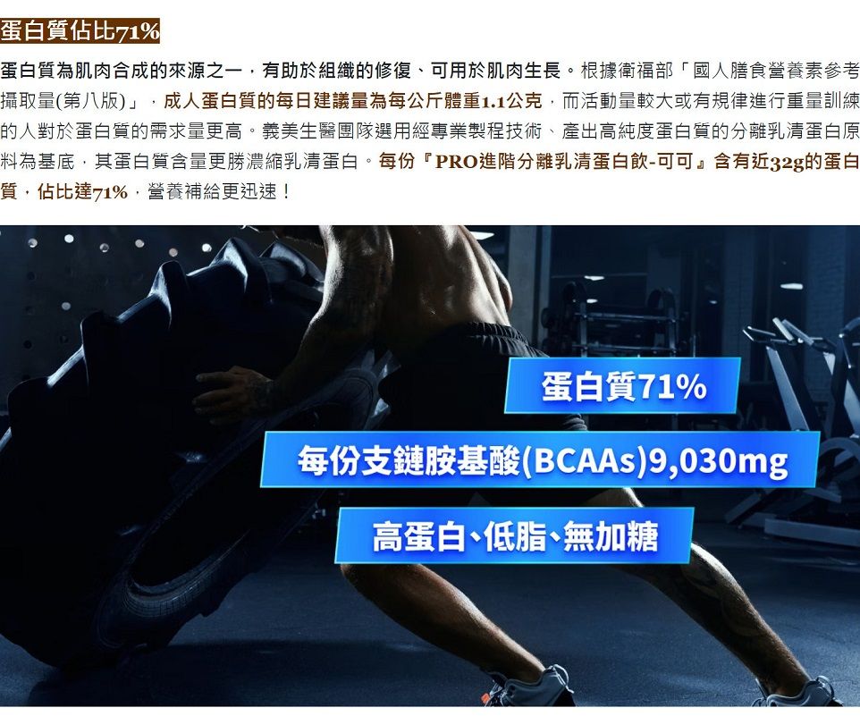 蛋白質佔比71%蛋白質為肌肉合成的來源之一,有助於組織的修復可用於肌肉生長。根據衛福部「國人膳食營養素參考攝取量(第八版)」,成人蛋白質的每日建議量為每公斤體重1.1公克,而活動量較大或有規律進行重量訓練的人對於蛋白質的需求量更高。義美生醫團隊選用經專業製程技術、產出高純度蛋白質的分離乳清蛋白原料為基底,其蛋白質含量更勝濃縮乳清蛋白。每份『PRO進階分離乳清蛋白飲-可可』含有近32g的蛋白質,佔比達71%,營養補給更迅速!蛋白質71%每份支鏈胺基酸(BCAAs)9,030mg高蛋白、低脂、無加糖
