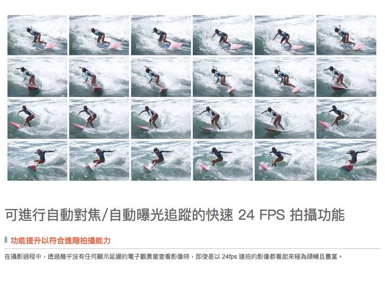 可進行自動對焦/自動曝光追蹤的快速24 FPS 拍攝功能功能提升以符合進階拍攝能力在攝影過程中,透過幾乎沒有任何顯示延遲的電子觀景窗查看影像時,即使是以 24fps 連拍的影像都看起來極為順暢且豐富。