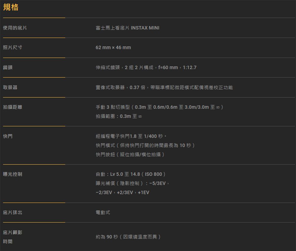 規格使用的底富士馬上底片 INSTAX MINI照片尺寸62 mm  46 mm鏡頭取景器拍攝距離快門曝光控制伸縮式鏡頭2組2片構成f=60mm,1:12.7實像式取景器,0.37倍,帶瞄準標記微距模式配備視差校正功能手動3點切換型(0.3m至0.6m/0.6m至3.0m/3.0m 至拍攝範圍:0.3m至經編程電子快門1.8至1/400 秒。快門模式(保持快門打開的時間最長為10秒)快門按鈕(位拍攝/位拍攝 )自動:Lv 5.0至14.8(ISO800)曝光補償(陰影控制):-5/3EV,/3EV+2/3EV+1EV底片排出電動式底片顯影時間約為90秒(環境溫度而異)