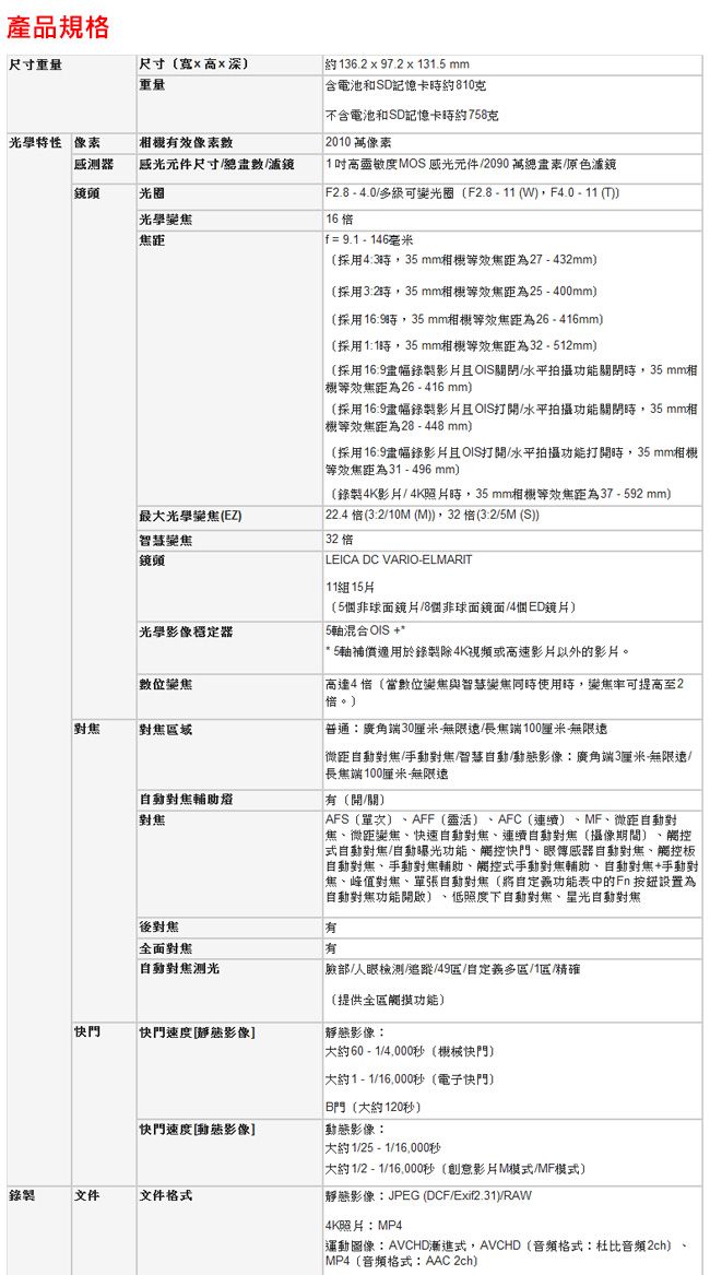 產品規格尺寸尺寸深重量36.2  97.2 x 131.5 mm含電池和SD記憶卡約810光學特性 像素效像素不含電池和SD記憶卡約758克 2010 萬像素感測器感光元件尺寸數鏡鏡頭光圈光學變焦焦距 1高MOS 感光元件2090 萬總原色濾鏡 F2.8  4.0級可變光圈F2.8W,F4.0 -11T 16  = 9.1 - 146毫米採用43時,35 mm相等效焦距為27-432mm採用32時,35 mm相等效焦距為25-400mm採用169時,35 mm相機等效焦距為26 - 416mm採用1:1時,35 mm相機等效焦距為32 - 512mm最大光學變焦EZ變焦鏡頭採用16:9錄製影且OIS關閉/水平拍攝功能關閉時,35mm相機等效焦距為26-416mm)採用16:9幅錄製影片且OIS打/水平拍攝功能關閉時,35mm相機等效焦距為28-448mm)採用16:9幅錄影片且OIS打開/水平拍攝功能打開時,35 mm相機等效焦距為31-496mm)錄製4K影片/4K照片時,35mm相機等效焦距為37-592 mm)22.4(3:2/10M (M)),32(3:2/5M (S))32LEICA DC VARIO-ELMARIT 11 15片(5個非球面鏡片/8個非球面鏡面/4個ED鏡片)光學影像穩定器 5混合OIS+*數位變焦對焦域自動對焦對焦5軸補償適用於錄製除4K視頻或高影片以外的影片高達4(當數位變焦與智慧變焦同時使用時,變焦可提高至2。)普通:廣角端30厘米-無限/長焦端100厘米無限遠微距自動對焦/手動對焦/智慧自動/動態影像:廣角端3厘米無限速/長焦端100厘米-無限遠(開/關)AFS(單次) AFF()AFC() 、MF、微距自動對焦、微距變焦、快速自動對焦、連續自動對焦(攝像期間)、觸控自動對焦/自動曝光功能、觸控快門、眼傳感器自動對焦、觸控板自動對焦、手動對焦輔助、觸控式手動對焦輔助、自動對焦+手動對焦、峰值對焦、單張自動對焦(將自功能表中的Fn 按鈕設置為自動對焦功能開啟)、低照度下自動對焦、星光自動對焦後對焦有全面對焦有自動對焦测光臉部眼檢測/追蹤/49區/自定義區/1區/精確(提供全區觸摸功能)快門快門速度影像]靜態影像:快門速度[動態影像]錄製文件文件格式大約60-1/4,000秒(機械快門)大約1-1/16,000秒(電子快門)B門(大約120秒)動態影像:大約1/25 - 1/16,000秒大約1/2 - 1/16,000秒(創意影片M模式/MF模式)靜態影像:JPEG (DCF/Exif2.31)/RAW4K照片:MP4運動圖像:AVCHD漸進式,AVCHD(格式:杜比音頻2ch)MP4(音頻格式:AAC 2ch)