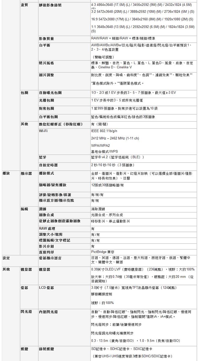 靜態影像錄製影像質量白平衡照風格圖片調整自動曝光包光圈包對焦包白平衡包其他數位紅眼修正移除紅眼WiFi藍牙自拍定時器播放顯示器播放模式縮略圖播放 43 4864x3648 17.5M L3456x2592 9M (M2432x1824 (4.5M 32 5472x3648 (20M (L3888x2592 (10M (M)2736x1824 (5M) (S) 16:9 5472x3080 (17M) (L)/3840x2160 (8M) (M)/1920x1080 (2M) (S)1:1 3648x3648 (13.5M) (L)/2592x2592 (6.5M) (M)/1824x1824 (3.5M)(S)RAW/RAW+精細/RAW+標準/精細/標準AWB/AWBc/AWBw/日光/陰天陰影/鹵素燈//白平衡預設1234/色溫設置(雙軸可調整)標準鮮豔自然單色L.單色L.單色D風景、肖像、自定、Cinelike D、Cinelike V對比度、銳度、降噪、飽和度、色調、效果、顆粒效果**單色模式除外。**僅限單色模式。 1/3、2/3或1EV步長3、5、7張圖像最大值-3 EV 1EV步長中的3、5或所光圈值1至999張圖像,對焦步進可以設置為10級藍色/偏琥珀色或偏洋紅色/的3張圖像(/關)IEEE 802.11b/g/n 2412MHz-2462 MHz (1-11 ch)WPA/WPA2基地台模式/WPS藍牙®v4.2(藍牙低能耗(BLE))2 秒/10秒/10秒(3張圖像)全部、僅圖片、僅影片、幻燈片放映(可以選擇全部/僅圖片/僅影片、時長和效果)  12張或30張縮略圖/評級/旋轉影像/保護顯示直方圖/顯示編輯潤飾圖像合成有清除潤飾光線合成、序列合成從靜止圖像創造運動圖像時移影片、停止運動影片RAW處理有調整大小/有/有標題編輯/文字標記有/有影片分割直接列印設定顯示語言其他觀景器觀景器LCD 閃光耀閃光燈媒體錄製媒體有 PictBridge 兼容日語、英語、德語、法語、意大利語、西班牙語、俄語、繁體中文、簡體中文、韓語 0.39英寸OLED LVF(時觀景器)(236萬) ,視野:大約100%放大率:大約0.74(35值),眼點距:大約20 mm(從開始)3.0英寸(7.5厘米)寬視角TFT液晶顯示(124萬點)靜態觸摸控制「視野:約100%自動*、自動降低紅眼、強制閃光、強制閃光降低紅眼、同步、慢速同步降低紅眼、強制關閉*僅限、A+模式。閃光燈同步:前/後簾慢速同步閃光燈調光和曝光補償同步 0.3 - 13.5m(廣角/自動ISO),1.0-9.5m(長焦/自動ISO)SD記憶卡、SDHC記憶卡、SDXC記憶卡(兼容UHS-I UHS速度等級3標準 SDHC/SDXC記憶卡)