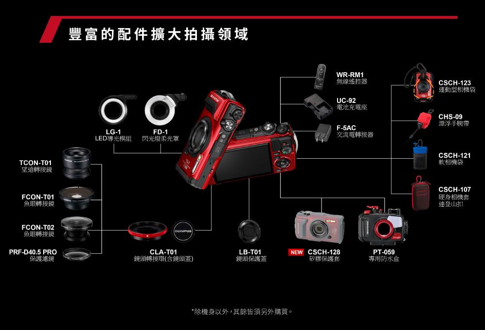 TCON-T01望遠轉接-T01魚眼轉接鏡FCON-T02魚眼轉接鏡PRF-D40.5 PRO豐富的配件擴大拍攝領域WR-RM1無線遙控器UC-92電池充電座CSCH-123運動型相機袋LG-1FD-1F-5AC交流電轉接器LED導光模組閃光燈柔光罩OLYMPUSCLA-T01LB-T01NEW CSCH-128PT-059保護濾鏡鏡頭轉接環(含鏡頭蓋)鏡頭保護蓋矽膠保護套專用防水盒*除機身以外,其餘皆須另外購買。CHS-09漂浮手腕帶CSCH-121軟相機袋CSCH-107硬身相機套連登山扣
