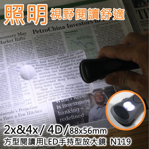 Hwatang 華堂光學 2x&4x/4D/88x56mm 方型閱讀用LED手持型放大鏡 N119