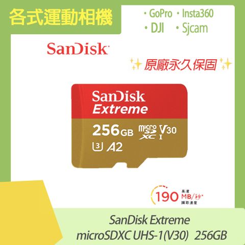 DJI / Insta360 / GoPro /Sjcam 皆通用運動相機通用 SanDisk Extreme microSDXC UHS-I (V30)(A2) 256GB 原廠公司貨 永久保固