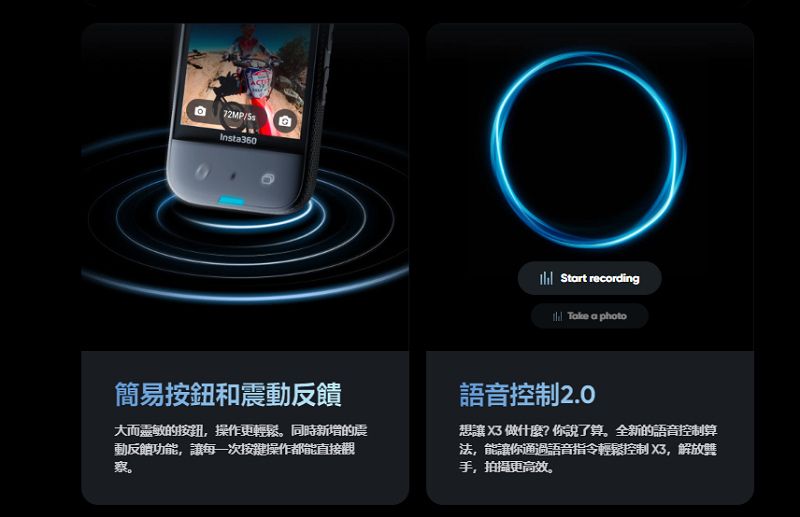 72MPInsta360  recordingTake a photo簡易按鈕和反饋大而靈敏的按鈕操作更輕鬆同時新增的震動反功能,讓每一次按鍵操作都能直接。語音控制2.0想讓 做什麼?你說了算。全新的語音控制算法,能讓你通過語音指令輕鬆控制 X3,解放雙手,拍攝更高效。