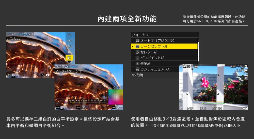 ホワトバランスマルチパター取消內建兩項全新功能0:0フォーカス才 (中央 追尾AF後續公開的功能擴展韌體,此功能將可用於GR III/GR IIIx系列的所有產品。RAW 194イ1AFMENU 取消 DISP决1/40  最多可以保存三組自訂的設定。這些設定可結合基本白平衡和微調白平衡組合。使用者自由移動3×3對焦區域,並自動對焦區域內合適的位置。 ※3×3的測距區域與以往的「動區域AF(中央)相同大小HDF