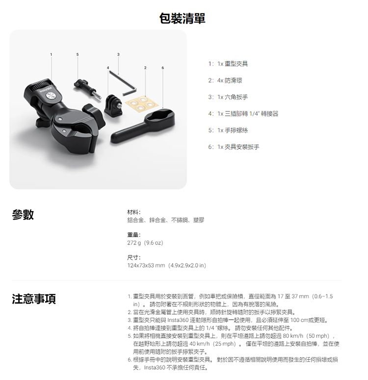 參數材料包裝清單鋁合金、鋅合金、、塑膠272g(9.6oz)尺寸:24x73x53 mm(4.9x2.9x2.0in)1: 重型24 防滑環3:1x 六角4:1x 三插腳轉 1/4 轉接器51x 手螺絲6:1x 具扳手注意事項1. 重型用於安裝到例如車把或保險槓,直徑範圍為17至37mm(0.6-1.5in) 請勿附著在不規則形狀的物體上,因為有脫落的風險。2. 當在光滑金屬上使用時,順時針旋轉的扳手以夾具。3. 重型夾只能與 Insta360 運動隱形自拍棒一起使用,且必須延伸至 100 cm或更短。4. 將自拍棒連接到重型夾具上的1/4螺絲。 請勿安裝任何其他配件。5. 如果將相機直接安裝到重型夾具上,則在平坦道路上請勿超過80km/h(50 mph)在越野地形上請勿超過40km/h(25mph),僅在平坦的道路上安装自拍棒,並在使用前使用隨附的扳手夾子。6. 根據手冊中的說明安裝重型夾具。對於因不遵循相關說明使用而發生的任何損壞或損失,Insta360 不承擔任何責任。