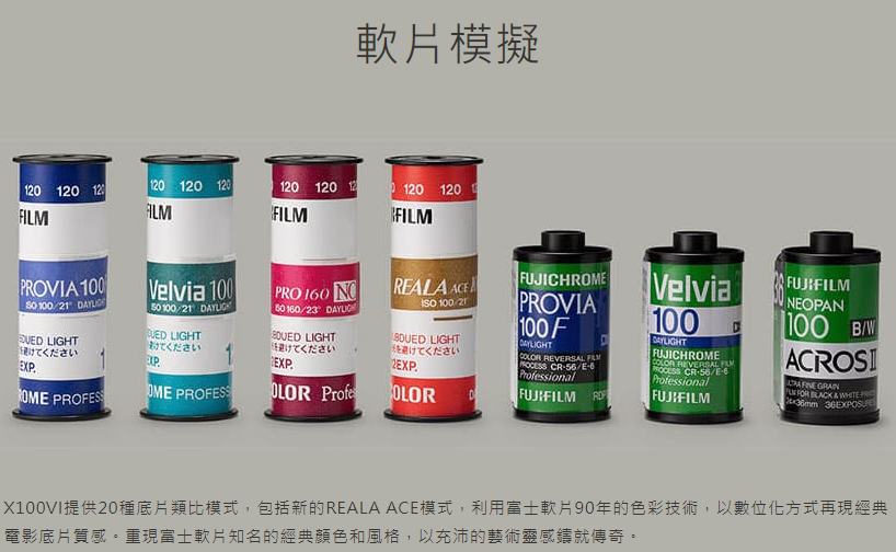 軟片模擬0 120 12FILM120 120 120120 120 12 120 120FILMFILMPVIA 100 100 21  LIGHTVelvia 100   LIGHTPRO 10  1023  LIGHTRALA  10021 LIGHT避てください2EXPてください。けてください避けてくださいEXPEXP PROFESSOME PROFESS ProfeOLORFUJICHROMEPROVIA100 F   CR56E6ProfessionalFUJIFILM ROVelvia100FUJIFILMNEOPANDAYLIGHTFUJICHROME REVERSAL  CR56/E-6ProfessionalFUJIFILM100 B/ACROSI GRAIN FOR &WHITE X100VI提供20種底片類比模式,包括新的REALA ACE模式,利用富士軟片90年的色彩技術,以數位化方式再現經典電影底片質感。重現富士軟片知名的經典顏色和風格,以充沛的藝術靈感鑄就傳奇。