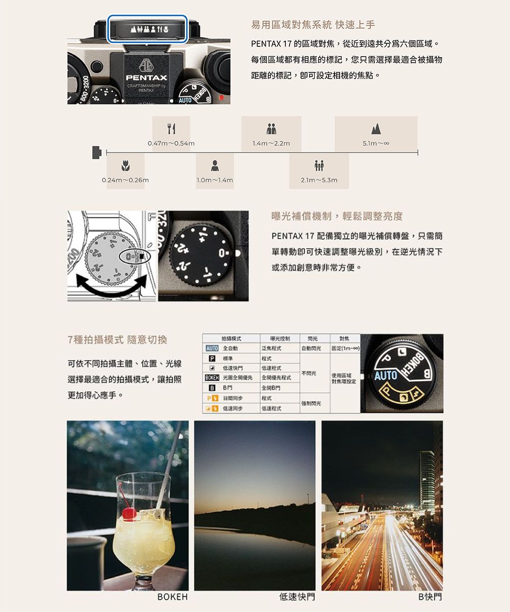 PENTAXCRAFTSMANSHIP PENTAXAUTO.47m0.54m0.24m~0.26m1.0m~1.4m易用區域對焦系統 快速上手PENTAX 17 區域對焦,從近到遠共分為六個區域。每個區域都有相應的標記,您只需選擇最適合被攝物距離的標記,可相機的焦點。1.4m~2.2m2.1m~5.3m5.1m~0曝光補償機制,輕鬆調整亮度PENTAX 17 配備獨立的曝光補償轉盤,只需簡單轉動快速調整曝光級別,在逆光情況下或添加創意時非常方便。(OKEH7種拍攝模式 隨意切換拍攝模式曝光控制閃光AUTO泛焦閃光對焦固定(1m~P可依不同拍攝主體、位置、光線選擇最適合的拍攝模式,讓拍照更加得心應手。快 程式不閃光B  優先 全開優先程式使用區域對焦環設定AUTO 全開B門程式 強制閃光 低速同步低速程式8BOKEH低速快門B 快門