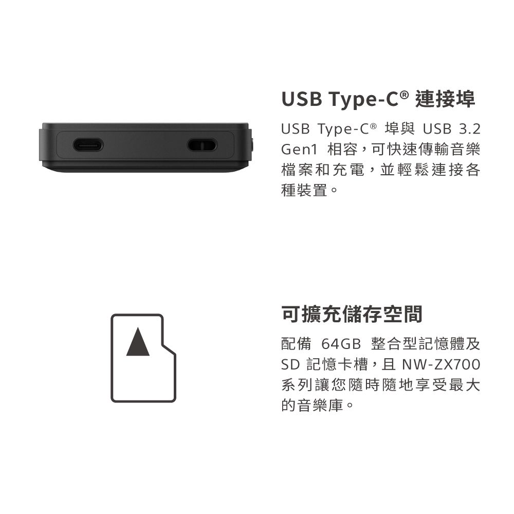 USB TypeC ® 連接埠USB Type-C ® 埠與 USB 3.2Gen1 相容,可快速傳輸音樂檔案和充電,並輕鬆連接各種裝置。可擴充儲存空間配備 64GB 整合型記憶體及SD 記憶卡槽,且NW-ZX700系列讓您隨時隨地享受最大的音樂庫。
