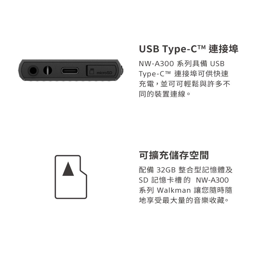 USB Type- 連接埠NW-A300 系列具備 USBmicroSDType-CTM 連接埠可供快速充電,並可可輕鬆與許多不同的裝置連線。可擴充儲存空間配備 32GB 整合型記憶體及SD 記憶卡槽的 NW-A300系列 Walkman 讓您隨時隨地享受最大量的音樂收藏。