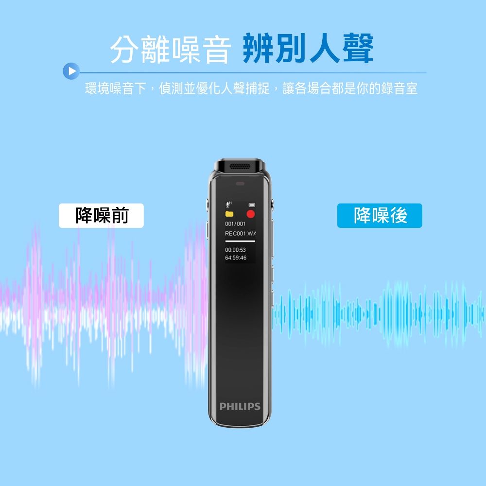 分離噪音 辨別人聲環境噪音下,偵測並優化人聲捕捉,讓各場合都是你的錄音室降噪前降噪後001/001REC001.WA00:00:5364:59:46PHILIPS