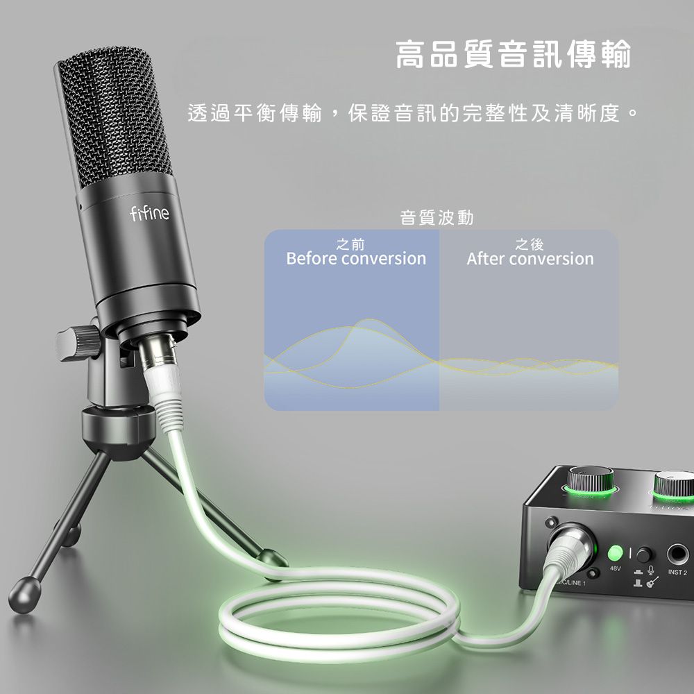fifine高品質音訊傳輸透過平衡傳輸,保證音訊的完整性及清晰度。音質波動之前之後Before conversionAfter conversion48VINST 2CLINE 1