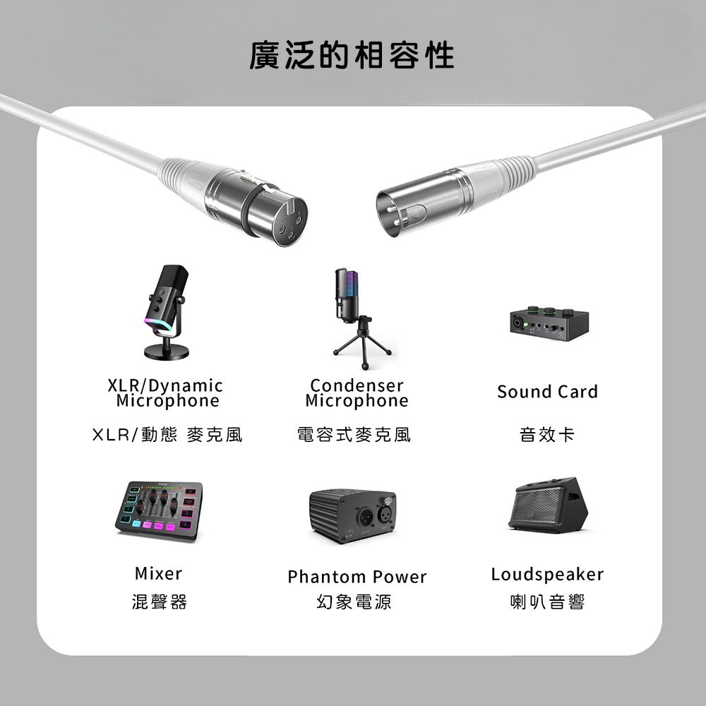 廣泛的相容性XLR/DynamicMicrophoneCondenserMicrophoneSound CardXLR/動態 麥克風電容式麥克風音效卡MixerPhantom Power混聲器幻象電源Loudspeaker喇叭音響
