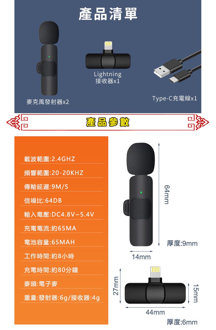 產品清單Lightning接收器x1麥克風發射器x2載波範圍:2.4GHZ產品參數Type-C充電線x1頻響範圍:20-20KHZ傳輸延遲:9M/S信噪比:64DB64mm輸入電壓:DC4.8V~5.4V充電電流:約65MA電池容量:65MAH厚度:9mm工作時間:約8小時14mm充電時間:約80分鐘麥頭:電子麥27mm重量:發射器:6g/接收器:4g15mm44mm厚度:6mm