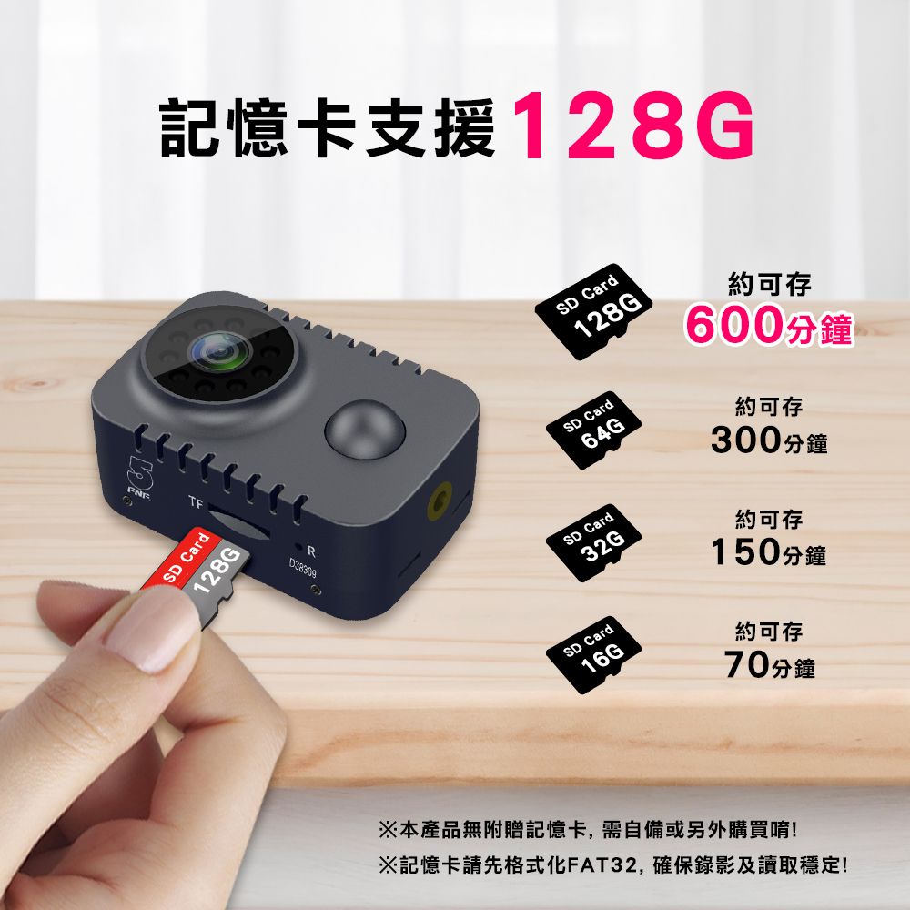 記憶卡支援128GSD Card128GRD38369SD Card128GSD Card64GSD Card32GSD Card16G約可存600分鐘約可存300分鐘約可存150分鐘約可存70分鐘※本產品無附贈記憶卡,需自備或另外購買唷!※記憶卡請先格式化FAT32,確保錄影及讀取穩定!