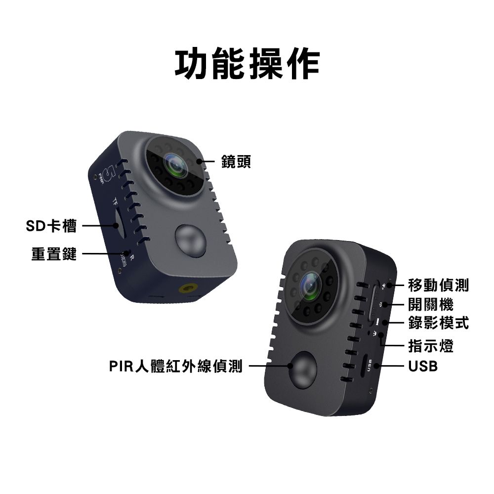 SD卡槽重置鍵功能操作鏡頭PIR人體紅外線偵測移動偵測開關機錄影模式指示燈USB