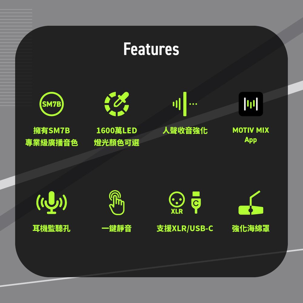 SM7BFeatures擁有SM7B1600萬LED人聲收音強化MOTIV MIX專業級廣播音色燈光顏色可選XLR耳機監聽孔一鍵靜音支援XLR/USB-C強化海綿罩