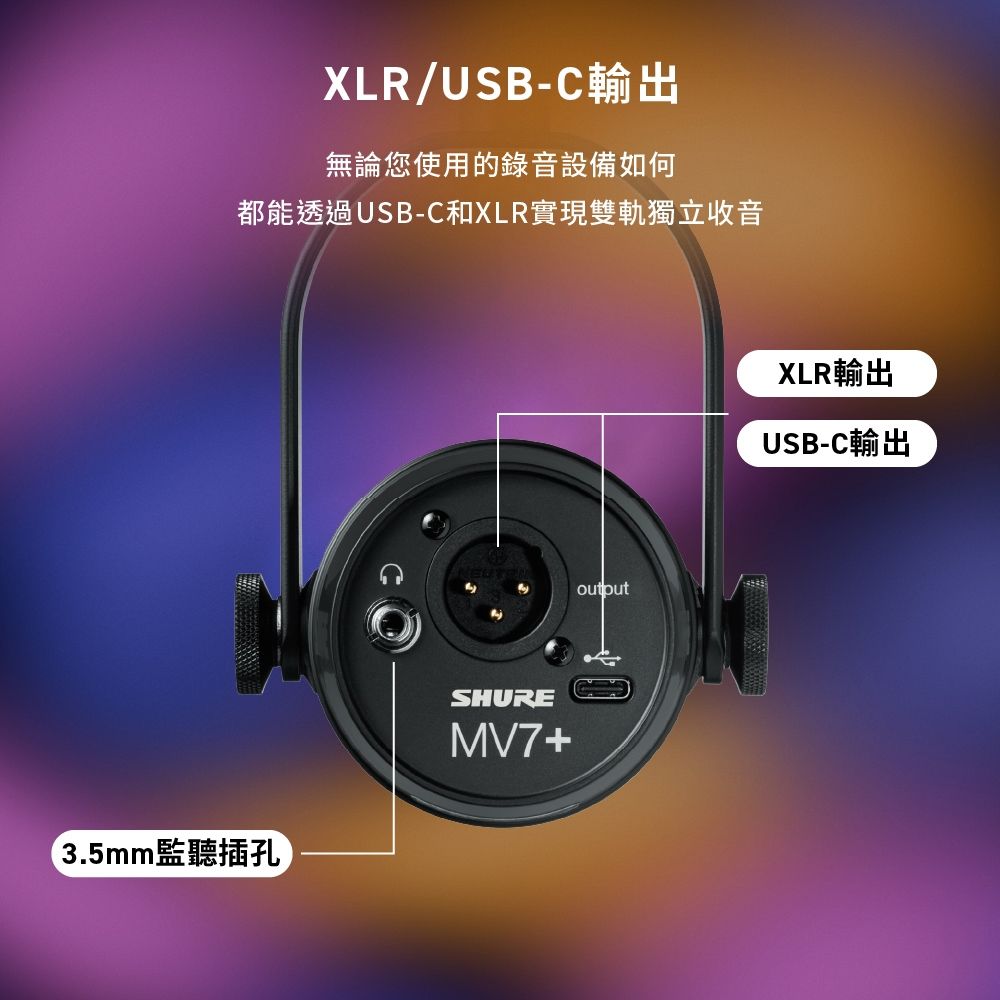 XLR/USB-C輸出無論您使用的錄音設備如何都能透過USB-C和XLR實現雙軌獨立收音3.5mm監聽插孔SHUREMV7+outputXLR輸出USB-C輸出