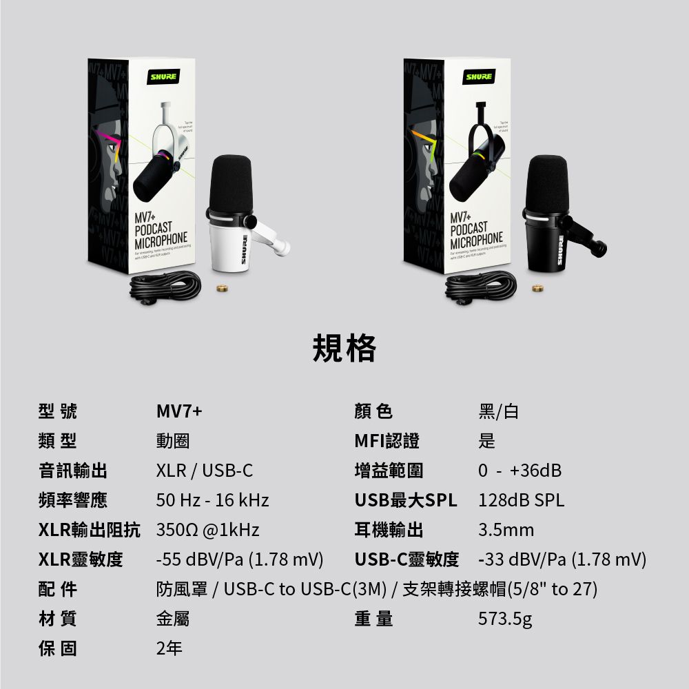 SHURESHUREMV7PODCASTMICROPHONE規格MV7PODCASTMICROPHONE型號MV7+類型動圈音訊輸出XLR / USBC頻率響應50 Hz - 16 kHzXLR輸出阻抗@1kHzXLR靈敏度-55dBV/Pa (1.78 mV)配件材質金屬保固2年顏色黑/白MFI認證增益範圍0-+36dBUSB最大SPL 128dB SPL耳機輸出3.5mmUSB-C靈敏度-33dBV/Pa(1.78 mV)防風罩 / USB-C to USB-C(3M)/支架轉接螺帽(5/8 to 27)重量573.5gp