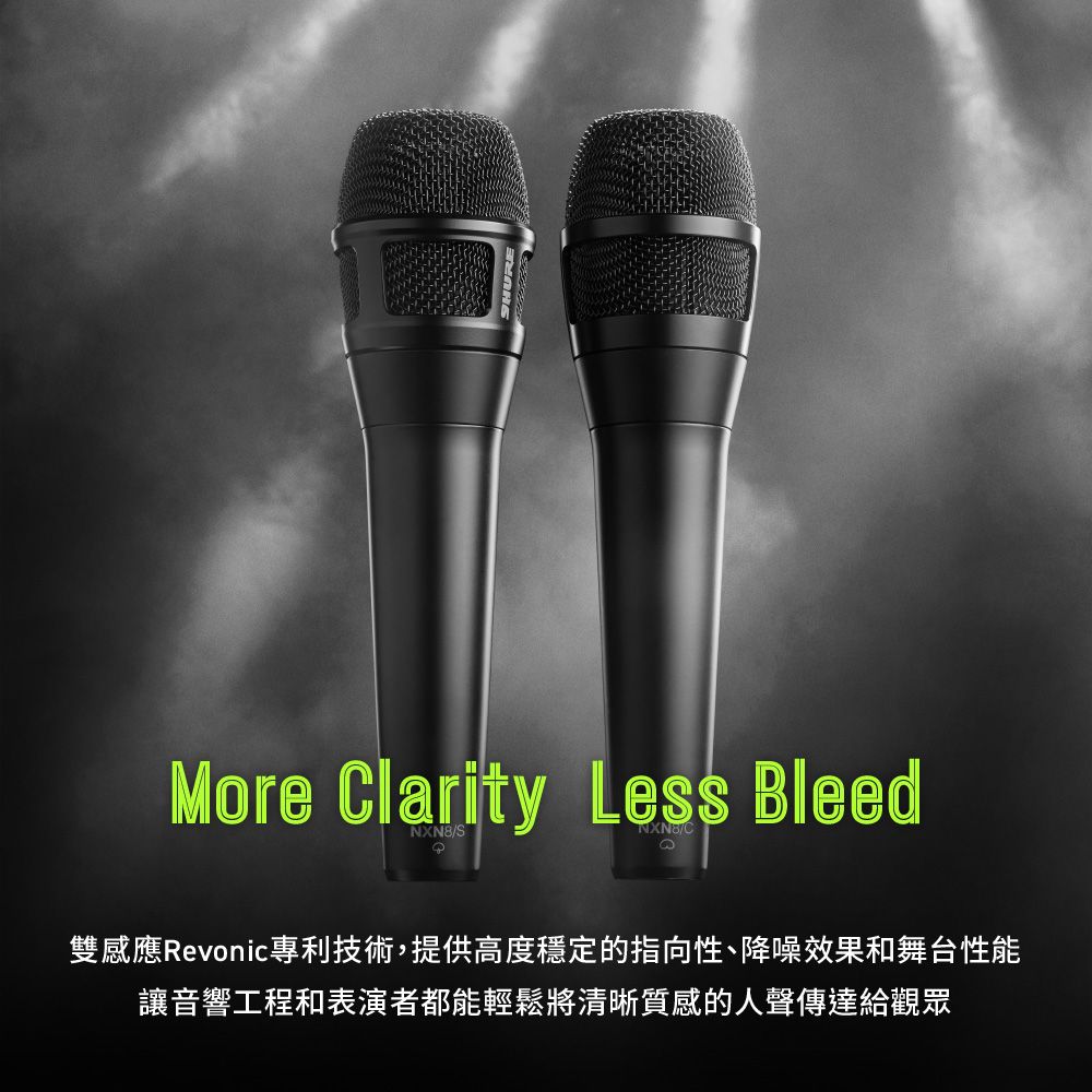 More larity Less BleedSNXN8/C雙感應Revonic專利技術,提供高度穩定的指向性、降噪效果和舞台性能讓音響工程和表演者都能輕鬆將清晰質感的人聲傳達給觀眾