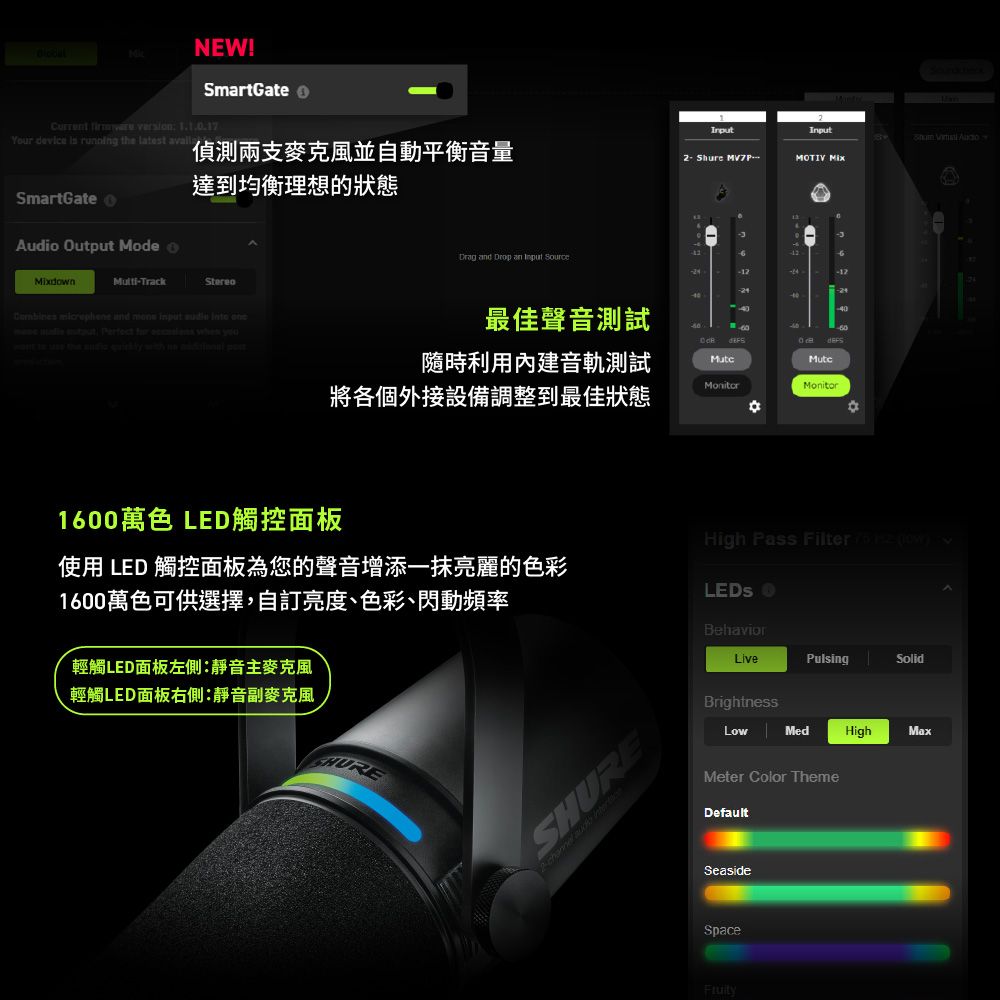 NEW!SmartGateCurrent   1.1.0.17Input  Yur deice   the latest 偵測兩支麥克風並自動平衡音量Shure MOTIV 達到均衡理想的狀態SmartGate oAudio Output Mode Multi-TrackStereo  d        Perfect              and Drop an Input 最佳聲音測試隨時利用內建音軌測試MonitorMonitor將各個外接設備調整到最佳狀態1600萬色 LED觸控面板使用 LED 觸控面板為您的聲音增添一抹亮麗的色彩1600萬色可供選擇,自訂亮度、色彩、閃動頻率輕觸LED面板左側:靜音主麥克風輕觸LED面板右側:靜音副麥克風SHURE2-  High Pass Filter    vBehaviorLivePulsingSolidBrightnessLowMedHighMaxMeter Color ThemeDefaultSeasideSpace