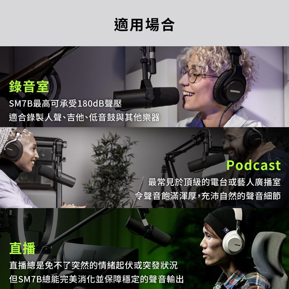 適用場合錄音室SM7B最高可承受180dB聲壓適合錄製人聲、吉他、低音鼓與其他樂器SHUREPodcast最常見於頂級的電台或藝人廣播室令聲音飽滿渾厚,充沛自然的聲音細節直播直播總是免不了突然的情緒起伏或突發狀況但SM7B總能完美消化並保障穩定的聲音輸出