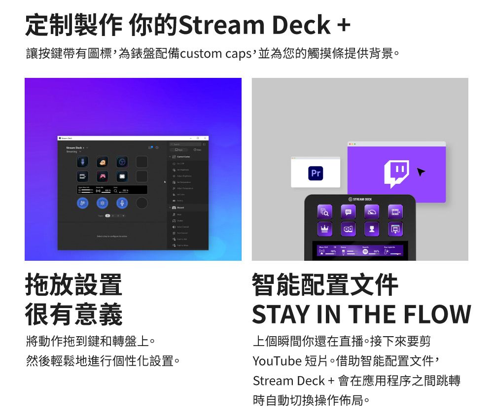 定制製作 你的  讓按鍵帶有圖標,為錶盤配備custom caps並為您的觸摸條提供背景。Stream Deck+PradSTREAM 拖放設置很有意義將動作拖到鍵和轉盤上。然後輕鬆地進行個性化設置。智能配置文件STAY IN THE FLOW上個瞬間你還在直播。接下來要剪YouTube 短片。借助智能配置文件,Stream Deck +會在應用程序之間跳轉時自動切換操作佈局。