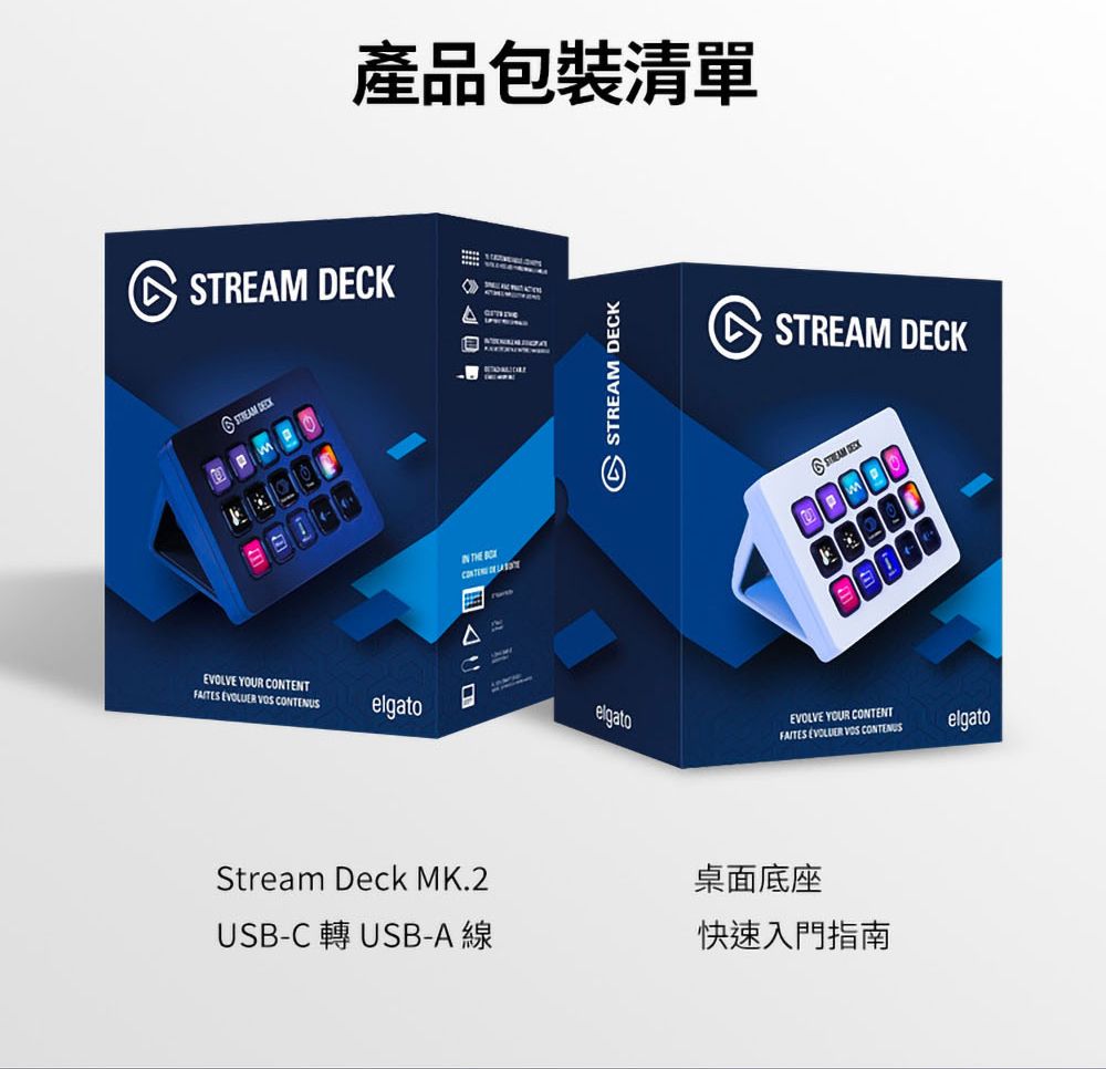 產品包裝清單   EVOLVE YOUR CONTENT EVOLUER  SelgatoStream Deck MK.2USB-C 轉USB-A 線 THE CONTENU  STREAM DECKSTREAM DECKSTREAM DECKelgatoEVOLVE YOUR CONTENT EVOLUER  elgato面底座快速入門指南