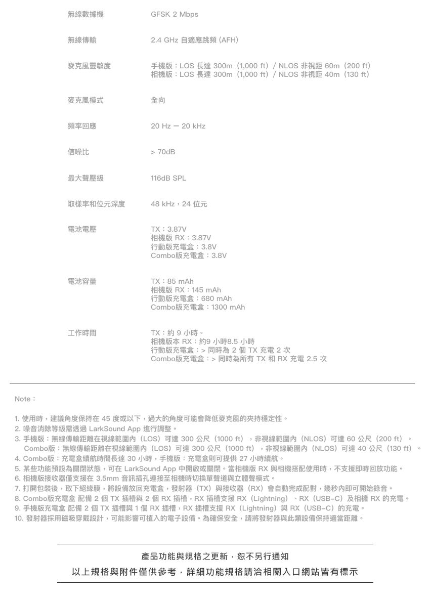 無線數據機GFSK 2 Mbps無線傳輸靈敏度2.4 GHz 自適應跳頻(AFH)手機版LOS 長達300m (1000 ft)/NLOS 非視距 60m(200 ft)相機版:LOS 長達300m(1,000 ft)/NLOS 非視距40m(130 ft)麥克風模式全向頻率回應信噪比最大聲壓級取樣率和位元深度電池電壓電池容量工作時間20 Hz  20 kHz70dB116dB SPL48 kHz,24 位元TX:3.87V相機版RX:3.87V行動版充電盒:3.8VCombo版充電盒:3.8VTX:85 mAh相機版 RX:145 mAh行動版充電盒:680 mAhCombo版充電盒:1300mAhTX:約小時。相機版本 RX:約9小時8.5 小時行動版充電盒:同時為2個TX 充電 2 次Combo版充電盒: 同時為所有TX和RX 充電 2.5次Note:1. 使用時,建議角度保持在45度或以下,過大的角度可能會降低麥克風的夾持穩定性。2. 噪音消除等級需透過LarkSound App 進行調整。3. 手機版:無線傳輸距離在視線範圍內(LOS)可達300公尺(1000 ft) ,非視線範圍內(NLOS)可達60公尺(200 ft)Combo版:無線傳輸距離在視線範圍內(LOS)可達300公尺(1000 ft)9非視線範圍內(NLOS)可達40 公尺(130 ft)4. Combo版:充電盒續航時間長達30小時,手機版:充電盒則可提供27小時續航。5.某些預設為關閉狀態,可在 LarkSound App 中開啟或關閉。當相機版 RX 相機搭配使用時,不支援即時回放功能。6. 相機版接收器僅支援在3.5mm 音訊插孔連接至相機時切換單聲道與立體聲模式。7. 打開包裝後,取下絕緣膜,將設備放回充電盒,發射器(TX)與接收器(RX)會自動完成配對,幾秒內即可開始錄音。8. Combo版充電盒配備2個TX插槽與2個RX插槽,RX插槽支援RX (Lightning)RX(USB-C)及相機 RX 的充電。9. 手機版充電盒 配備2個TX插槽與1個RX插槽,RX插槽支援 RX (Lightning)與RX(USB-C)的充電。 發射器採用磁吸穿戴設計,可能影響可植入的電子設備。為確保安全,請將發射器與此類設備保持適當距離。產品功能與之更新,恕不另行通知以上規格與附件僅供參考,功能規格請洽相關入口網站皆有標示