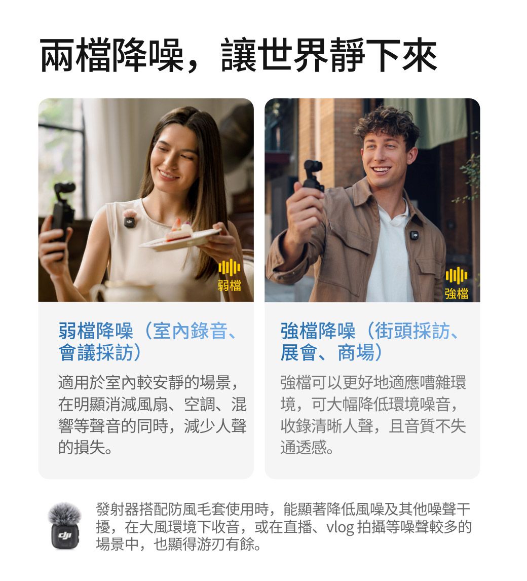 兩降噪,讓世界靜下來弱檔強檔弱檔降噪(錄音、會議採訪)適用於室內較安靜的場景,在明顯消減風扇、空調、混響等聲音的同時,減少人聲的損失。強檔降噪(街頭採訪、展會、商場)強檔可以更好地適應嘈雜環境,可大幅降低環境噪音,收錄清晰人聲,且音質不失通透感。發射器搭配防風毛套使用時,能顯著降低風噪及其他噪聲干擾,在大風環境下收音,或在直播、vlog 拍攝等噪聲較多的場景中,也顯得游刃有餘。