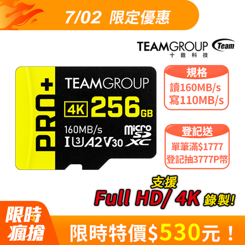 TEAM 十銓 PRO+ MicroSDXC 256GB UHS-I U3 A2 V30 記憶卡 (含轉卡+終身保固)