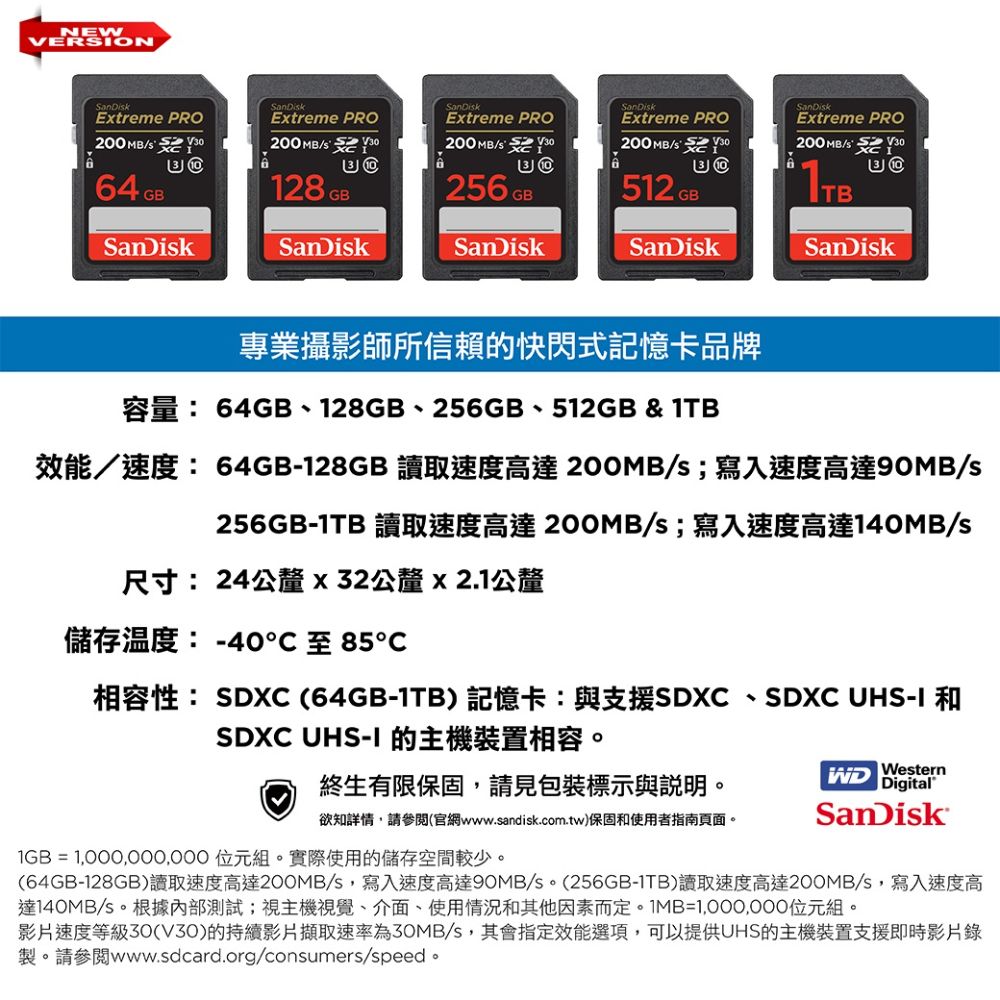 xtreme PROExtreme PROSanDikExtreme PRO200 MB 200 MBU O200 MB/ BU D64 GB128 GB256 GBSanDikSanDikSanDikExtreme PRO200 MB/ SanDikExtreme PRO200 MB/ 512 GB1TBSanDikSanDik專業攝影師所信賴的快閃式記憶卡品牌64GB 128GB 256GB 512GB & 1TB/64GB-128GB E 200MB/s /s256GB-1TB  200MB/s  /s尺寸:24公釐x32公釐x21公釐儲存溫度:-40℃至85℃相容性: SDXC (64GB-1TB) 記憶卡:與支援SDXCSDXC UHS-I 的主機裝置相容。SDXC UHS-I終生有限保固,請見包裝標示與說明。 DigitalWesternSanDisk欲知詳情,請參閱(官網www.sandisk.com.tw)保固和使用者指南頁面。 = 1,000,000,000 位元組。實際使用的儲存空間較少。(64GB-128GB)200MB/s90MB/s (256GB-1TB) 200MB/s達140MB/s。根據內部測試;視主機視覺、介面、使用情況和其他因素而定。IMB=1,000,000位元組。影片速度等級30(V30)的持續影片擷取速率為30MB/s,其會指定效能選項,可以提供UHS的主機裝置支援即時影片錄www.sdcard.org/consumers/speed.