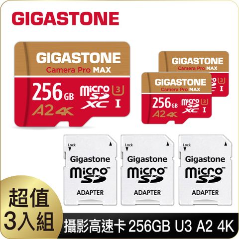 GIGASTONE 立達 Camera Pro MAX microSDXC UHS-Ⅰ U3 256GB攝影高速記憶卡-3入組(256G A2 4K 支援GoPro/DJI/行車紀錄器/監視器/Switch)